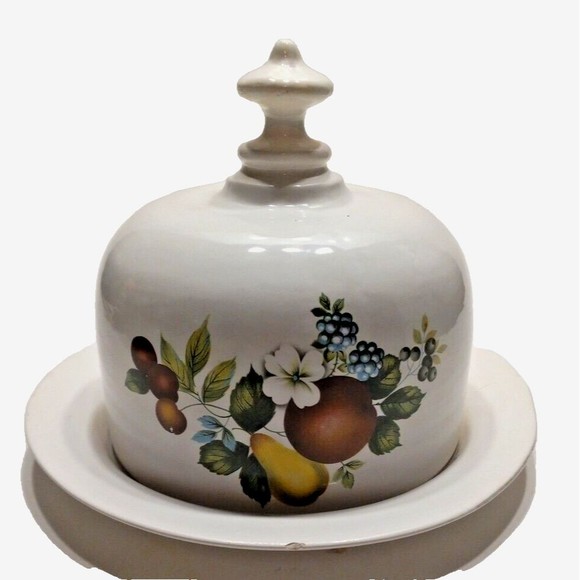 Unmarked Other - Vintage Cheese Butter Dish Domed Serving White Ceramic Fruits Florals